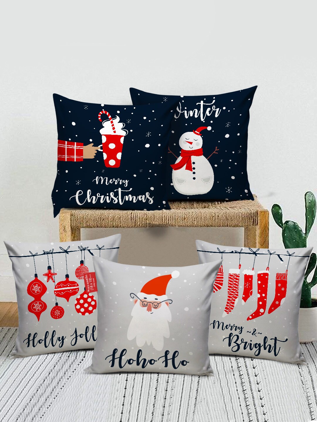 

TIED RIBBONS Navy Blue & Grey Set of 5Christmas Printed Square Cushion Covers