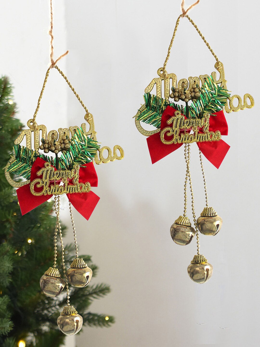 TIED RIBBONS Set Of 2 Red Merry Christmas Door Wall Hanging With Bells