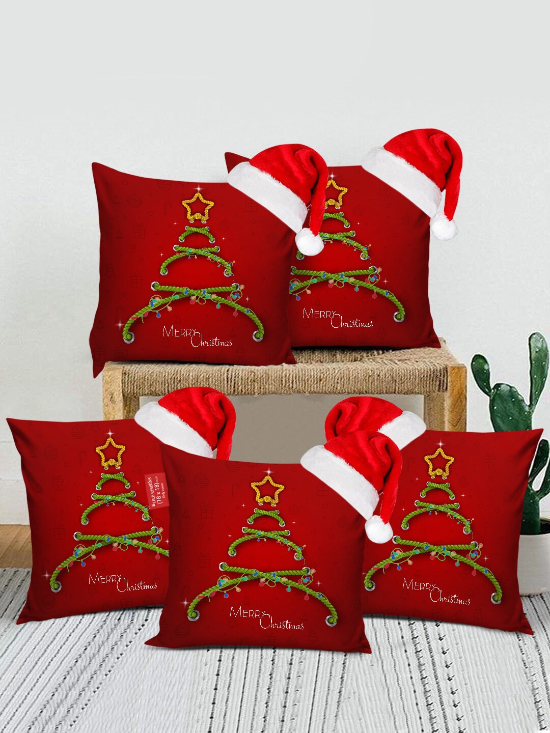 

TIED RIBBONS Maroon Set of 5 Christmas Printed Satin Square Cushion Covers With Santa Caps