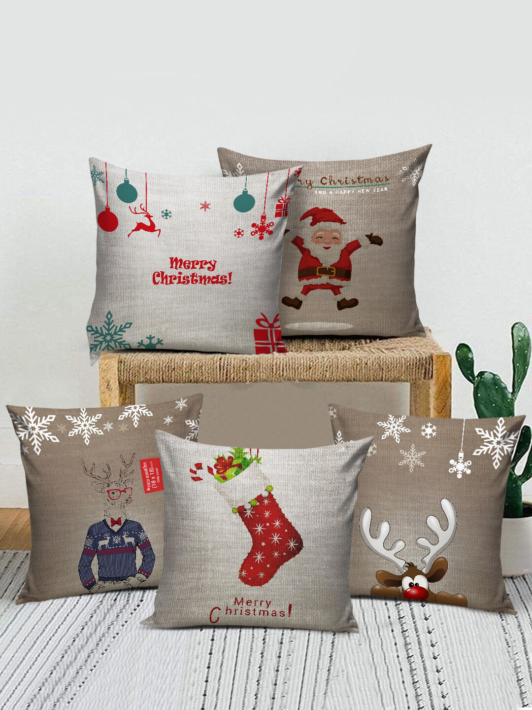 

TIED RIBBONS Beige & Red Set of 5 Graphic printed Square Cushion Covers