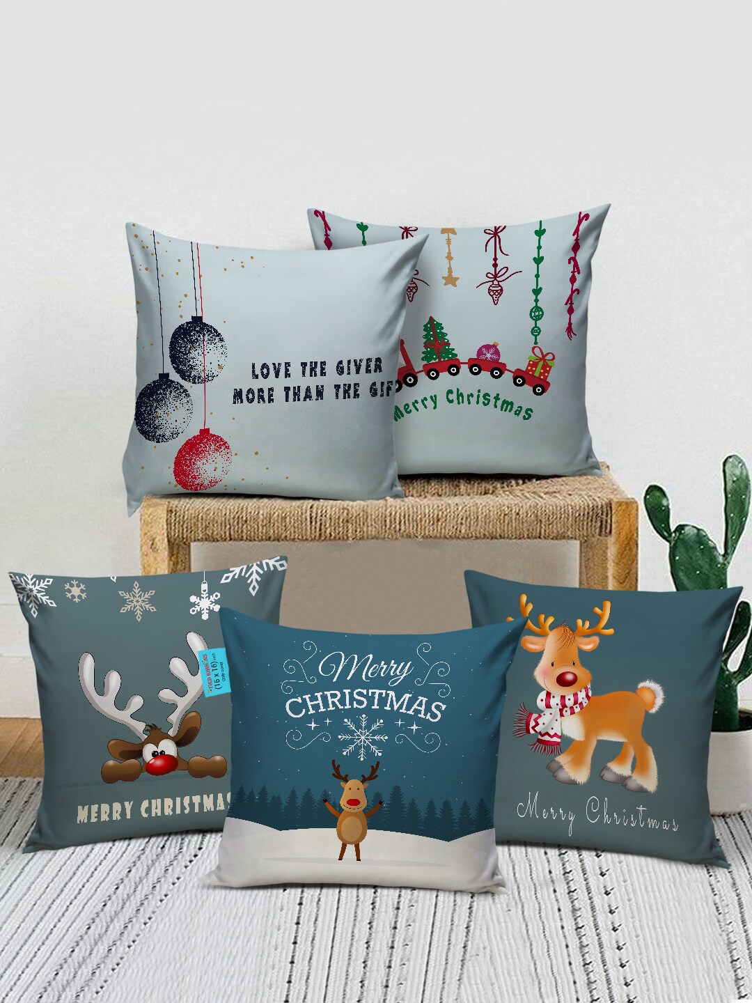 

TIED RIBBONS Blue & Grey Set of 5 Graphic Printed Square Cushion Covers