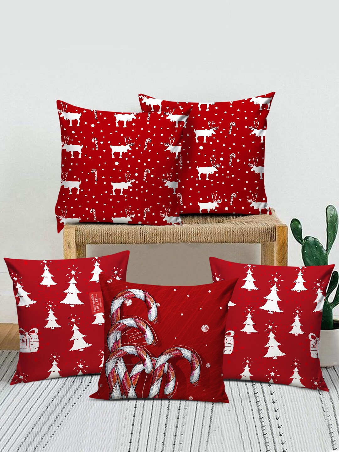 

TIED RIBBONS Red Set of 5 Graphic Printed Square Cushion Covers
