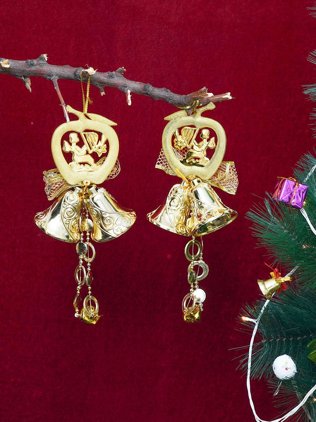 

TIED RIBBONS Set Of 2 Gold Christmas Decoration Bells