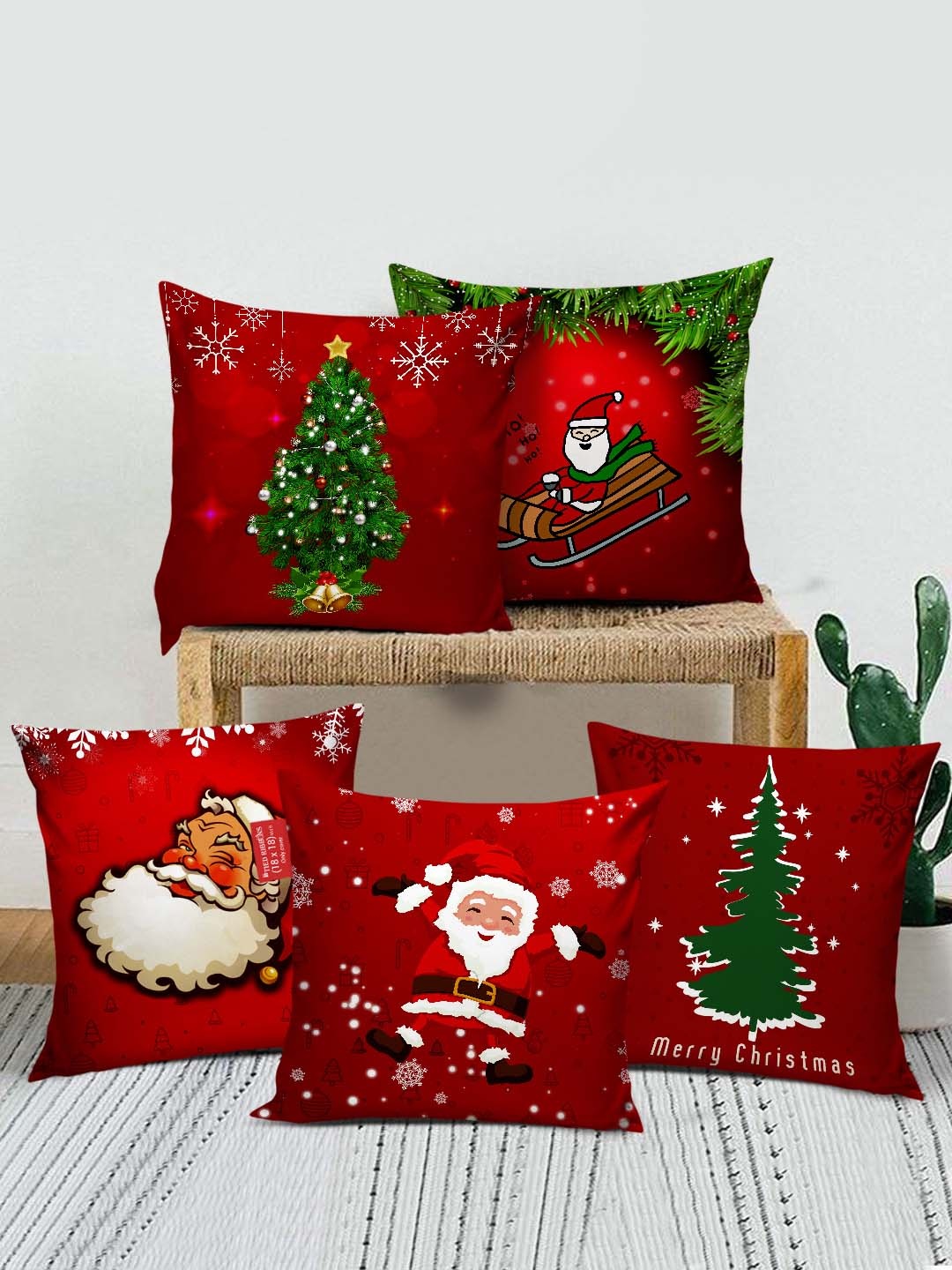 

TIED RIBBONS Red & Green Set of 5 Graphic Printed Square Cushion Covers