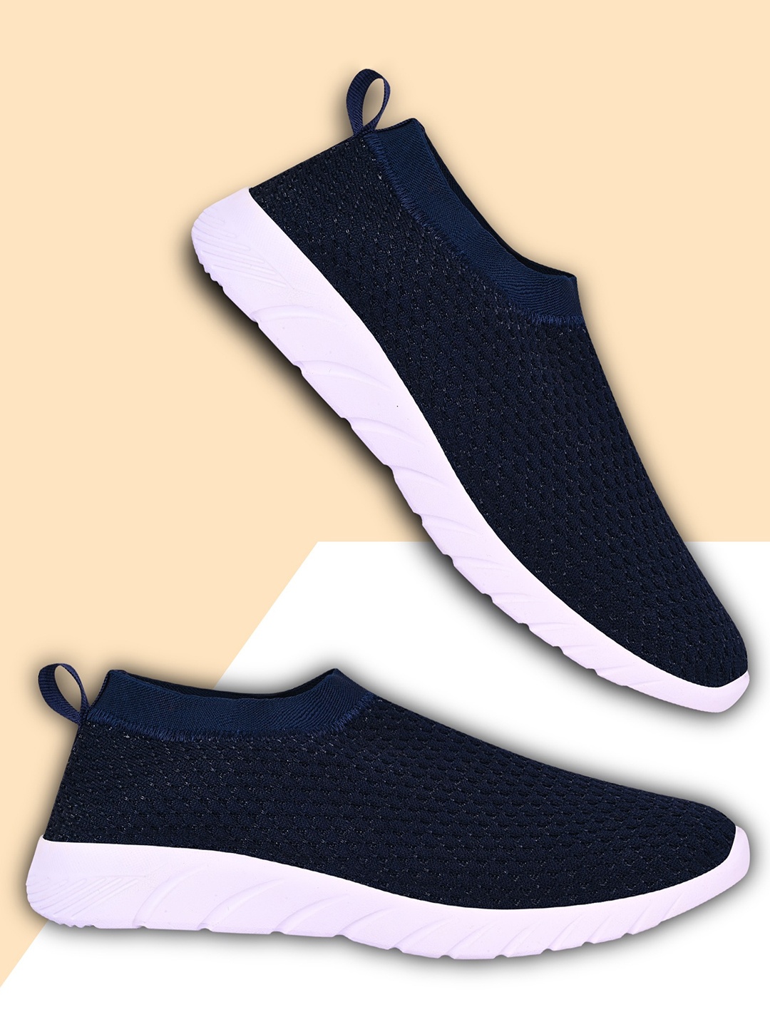 

TPENT Women Navy Blue Woven Design Lightweight Slip-On Sneakers