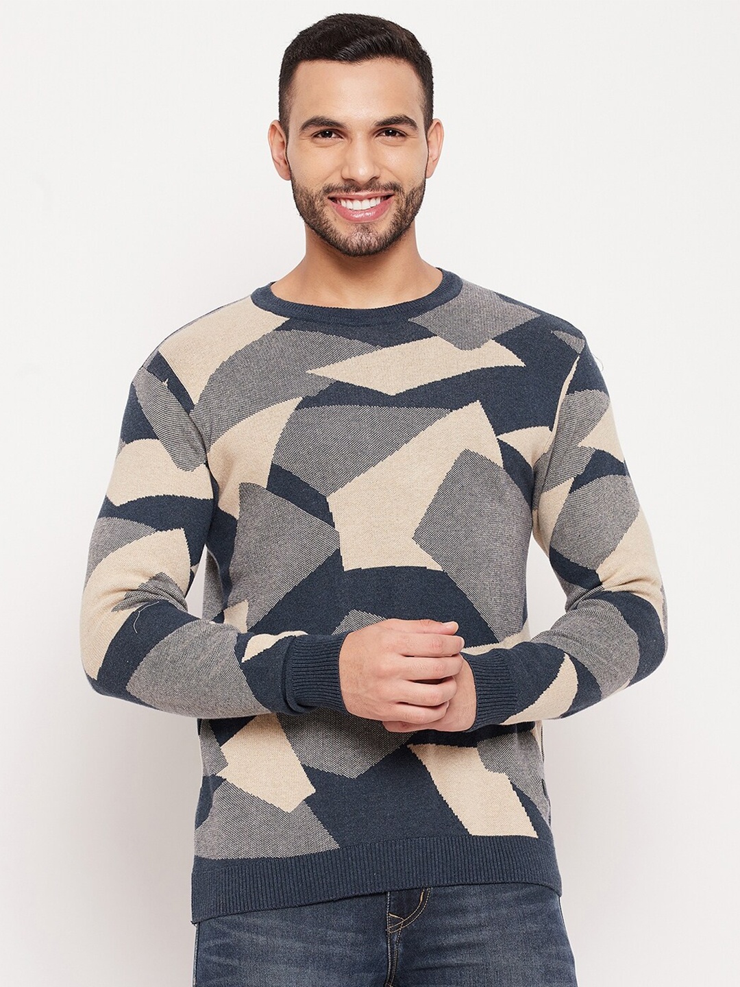 

Duke Men Navy Blue & Beige Geometric Printed Pullover