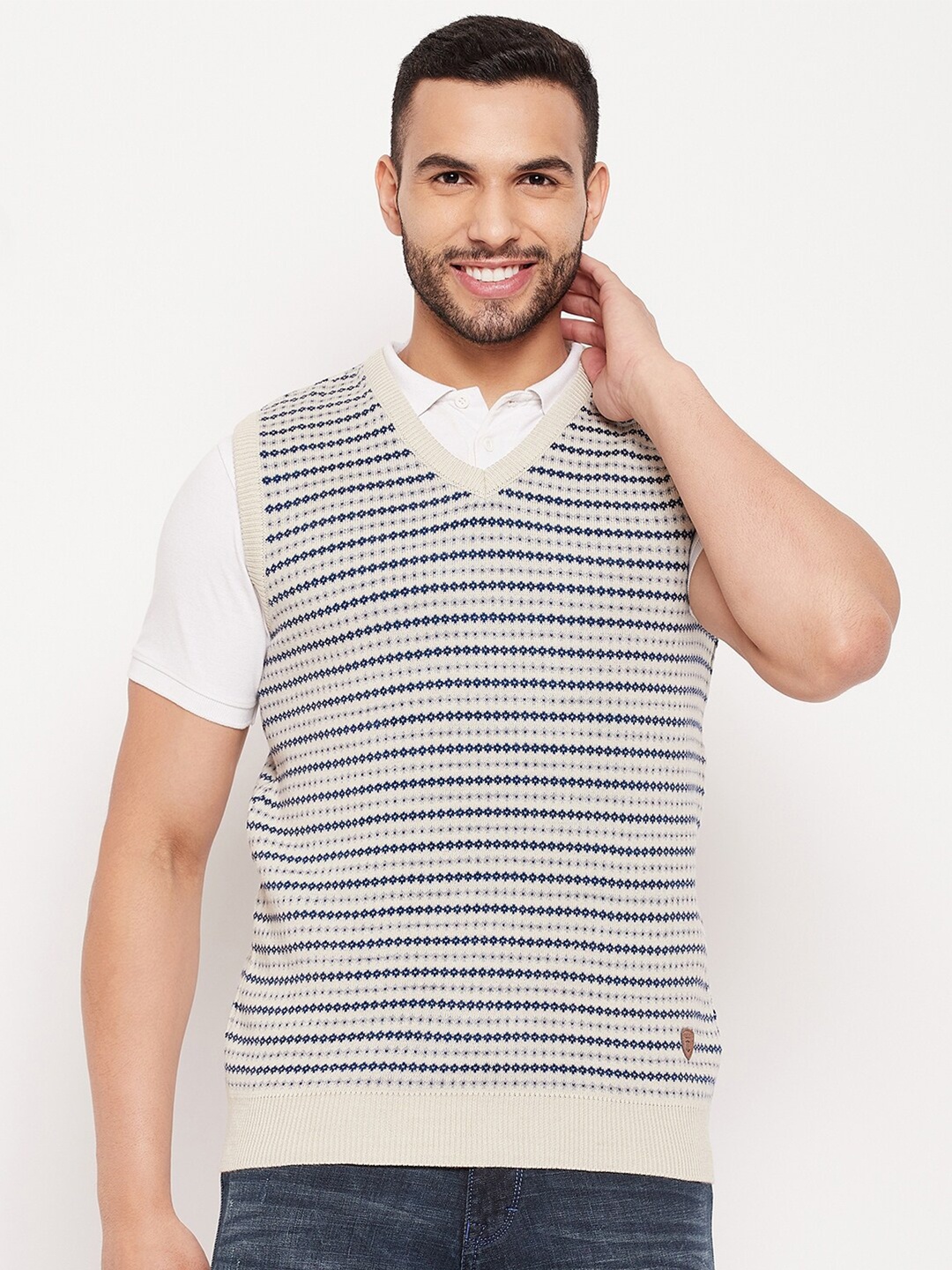 

Duke Men Beige & Navy Blue Fair Isle Sweater Vest