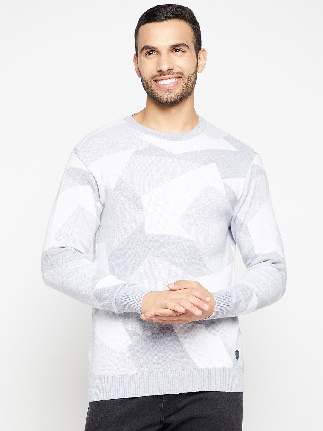 

Duke Men Grey & White Geometric Printed Pullover