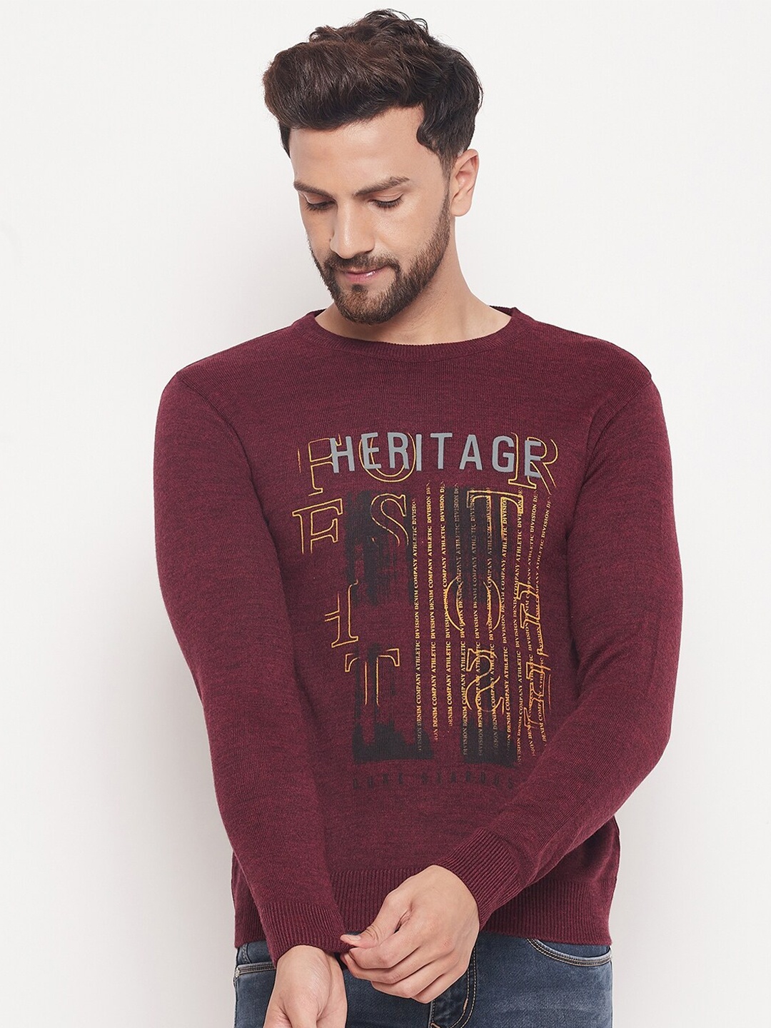 

Duke Men Maroon & Yellow Typography Printed Pullover