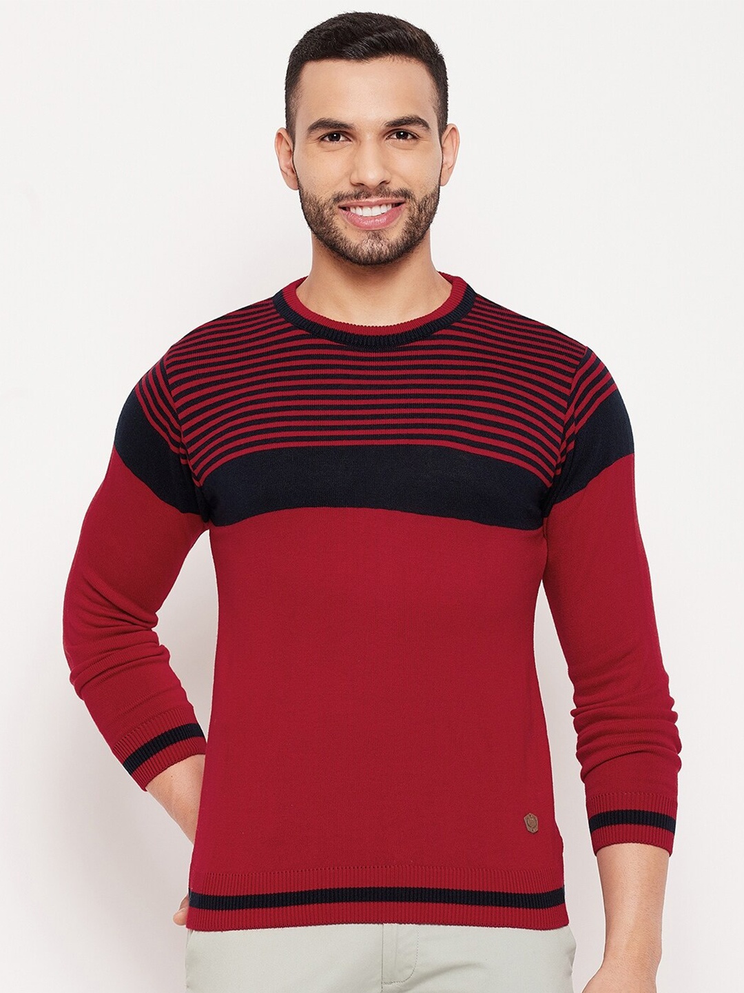 

Duke Men Red & Navy Blue Striped Pullover