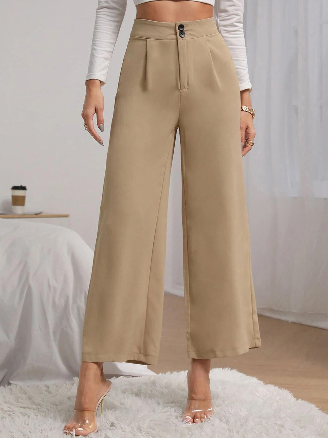 

Kotty Women Beige Relaxed Straight Fit High-Rise Easy Wash Pleated Trousers