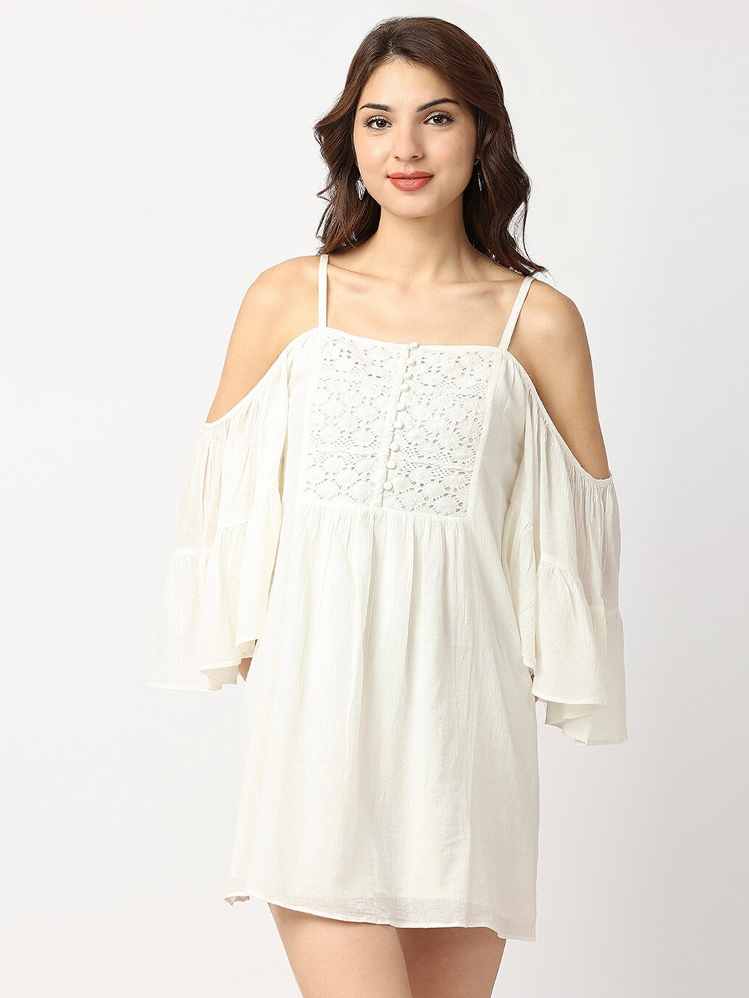 

aaliya White Mini Dress With Lace Inserts