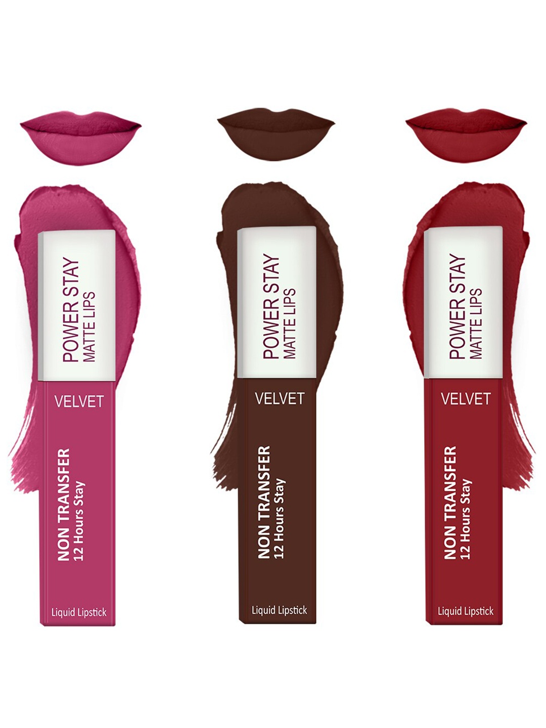 

Forsure Set of 3 Power Stay Matte Lips Non-Transfer 12 Hours Stay Velvet Matte Liquid Lipstick - Pink Blush 10 - Deep Brown 16 - Deep Red 22