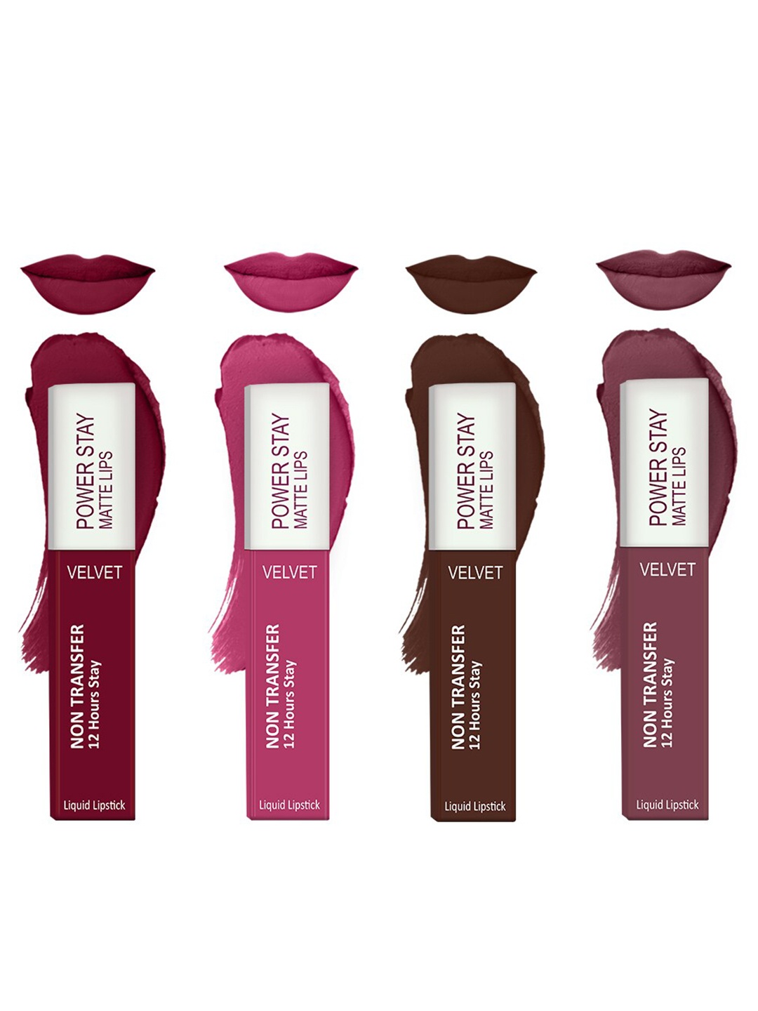 

Forsure Set of 4 Power Stay Matte Lips Non-Transfer 12 Hours Stay Velvet Matte Liquid Lipstick - Cherry Maroon 09 - Pink Blush 10 - Deep Brown 16 - Deep Red 23, Multi