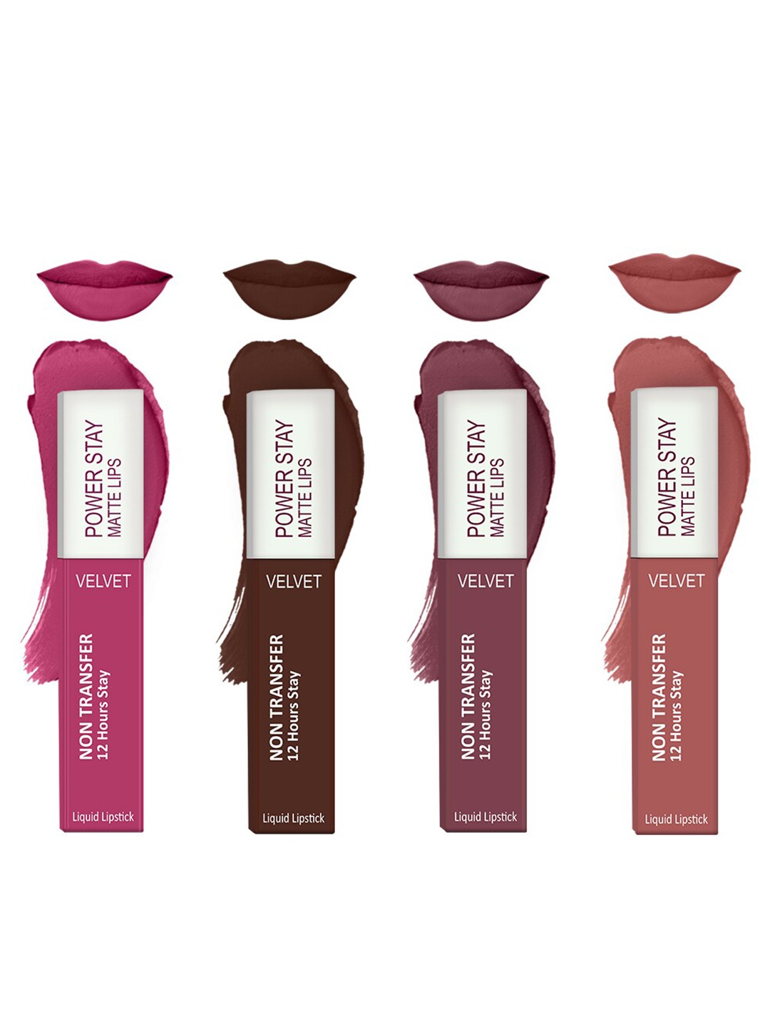 

Forsure Set of 4 Power Stay Matte Lips Non-Transfer 12 Hours Stay Velvet Matte Liquid Lipstick - Pink Blush 10 - Deep Brown 16 - Mauve Matte 23 - Peach Nude 21, Multi