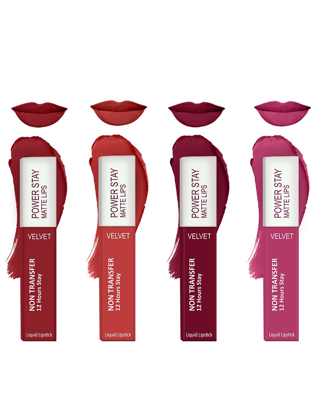 

Forsure Set of 4 Power Stay Matte Lips Non-Transfer 12 Hours Stay Velvet Matte Liquid Lipstick - Deep Red 22 - Bright Red 01 - Cherry Maroon 09- Pink Blush 10, Multi