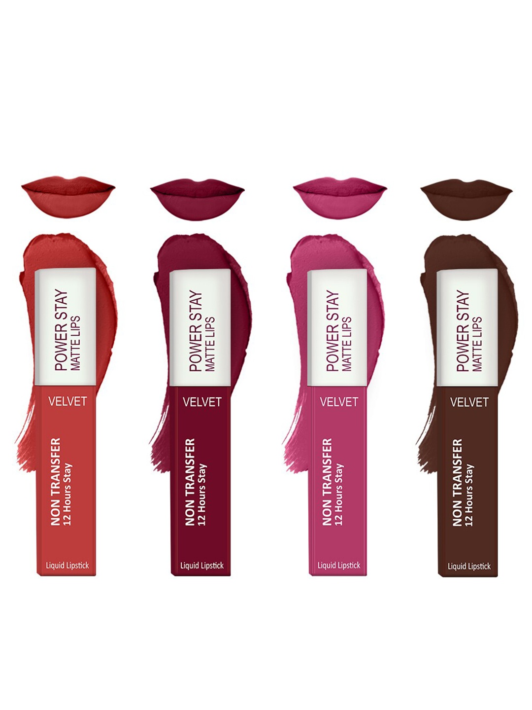 

Forsure Set of 4 Power Stay Matte Lips Non-Transfer 12 Hours Stay Velvet Matte Liquid Lipstick - Bright Red 01 - Cherry Maroon 09 - Pink Blush 10 - Deep Brown 16, Multi