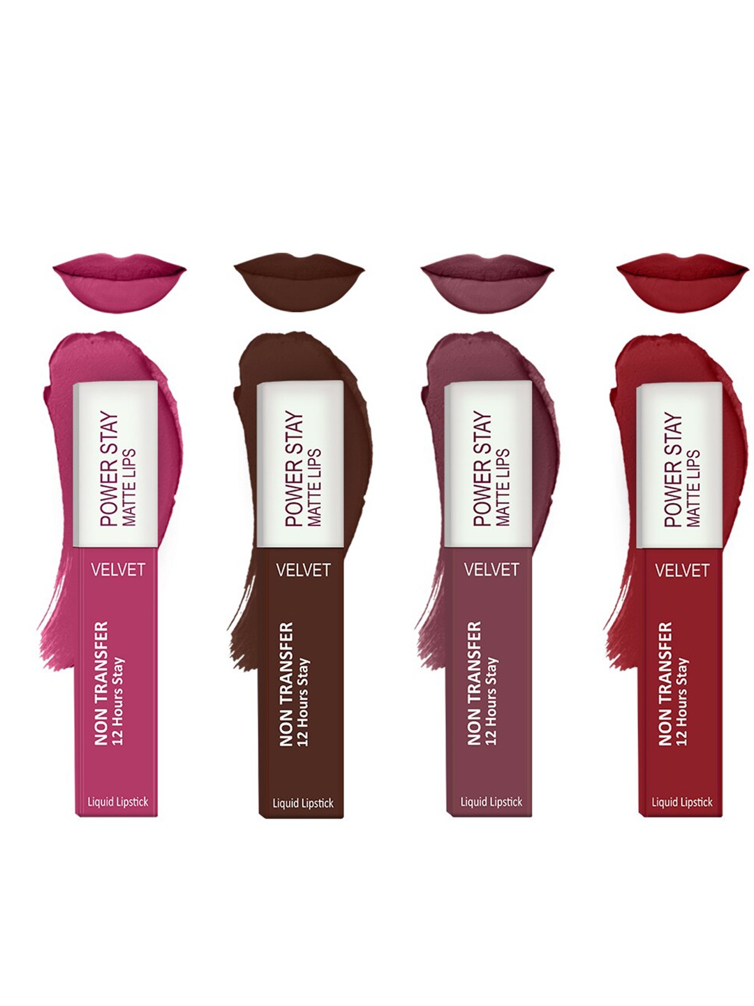 

Forsure Set of 4 Power Stay Matte Lips Non-Transfer 12 Hours Stay Velvet Matte Liquid Lipstick - Pink Blush 10- Deep Brown 16 - Mauve Matte 23 - Deep Red 22, Multi