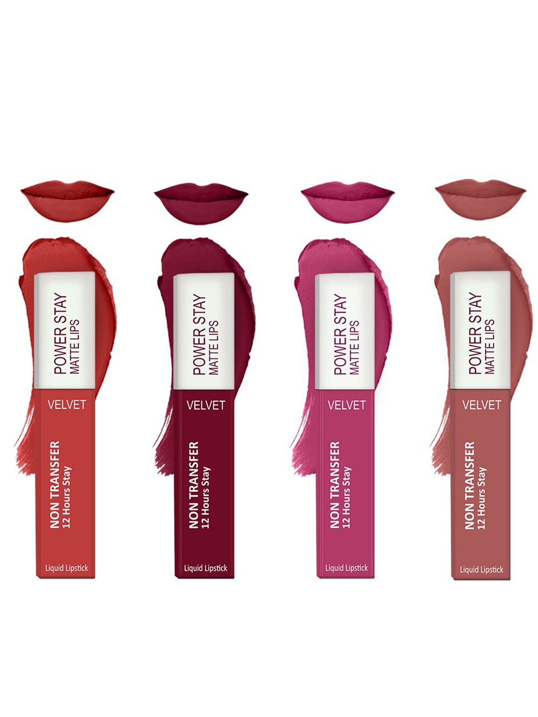 

Forsure Set of 4 Power Stay Matte Lips Non-Transfer 12 Hours Stay Velvet Matte Liquid Lipstick - Bright Red 01 - Cherry Maroon 09 - Pink Blush 10 - Peach Nude 21, Multi