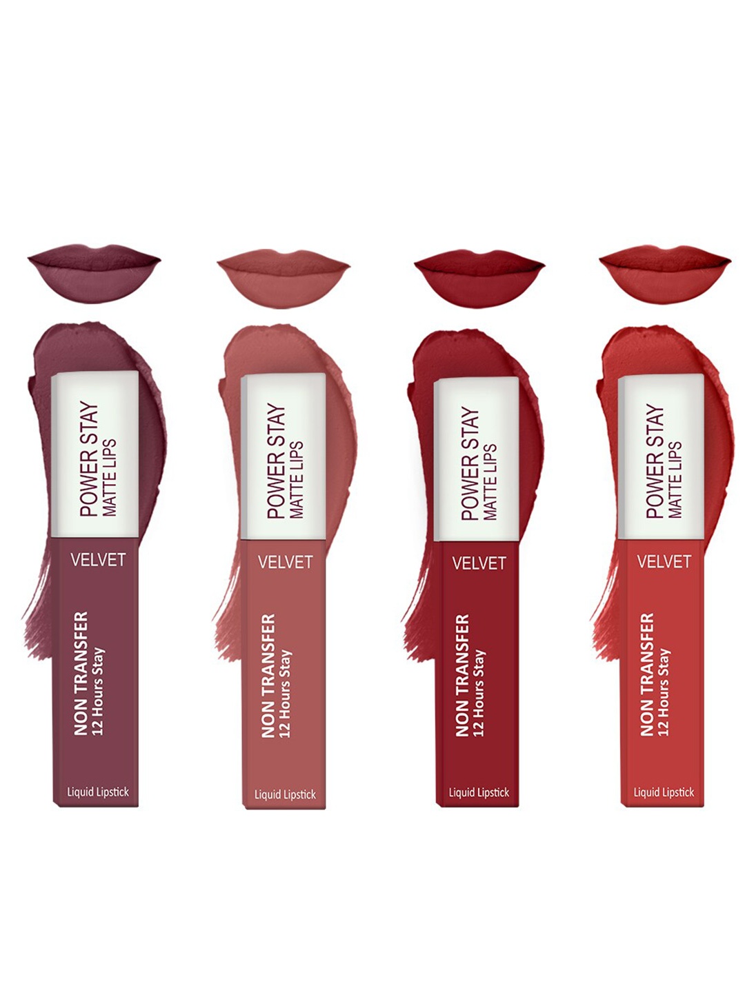 

Forsure Set of 4 Power Stay Matte Lips Non-Transfer 12 Hours Stay Velvet Matte Liquid Lipstick - Mauve Matte 23- Peach Nude 21 - Deep Red 22- Bright Red 01, Multi