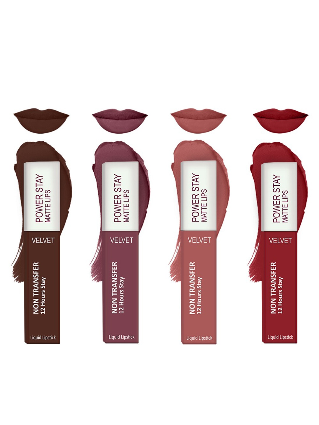 

Forsure Set of 4 Power Stay Matte Lips Non-Transfer 12 Hours Stay Velvet Matte Liquid Lipstick - Deep Brown 16 - Mauve Matte 23 - Peach Nude 21 - Deep Red 22, Multi