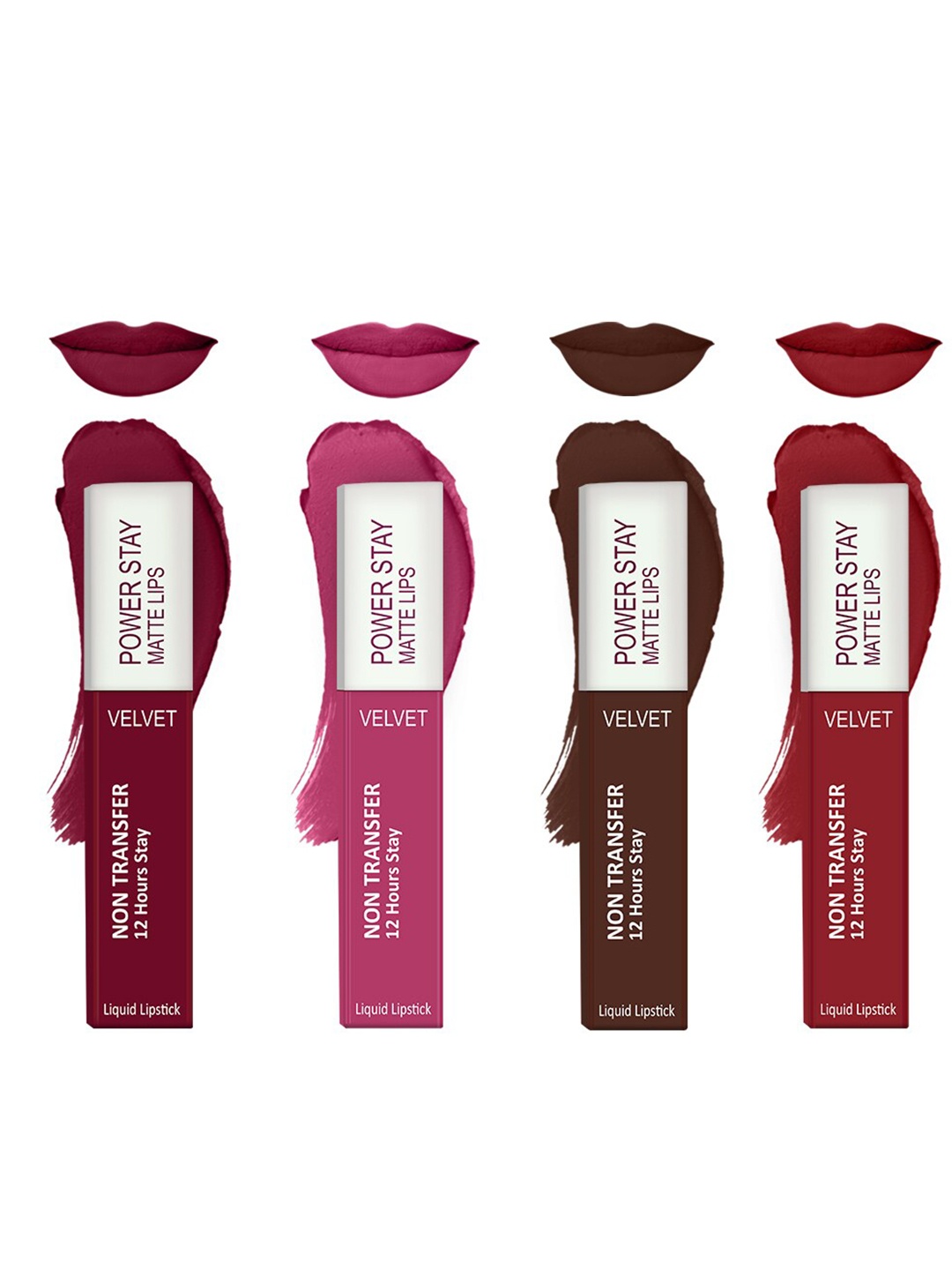 

Forsure Set of 4 Power Stay Matte Lips Non-Transfer 12 Hours Stay Velvet Matte Liquid Lipstick - Cherry Maroon 09 - Pink Blush 10 - Deep Brown 16 - Deep Red 22, Multi