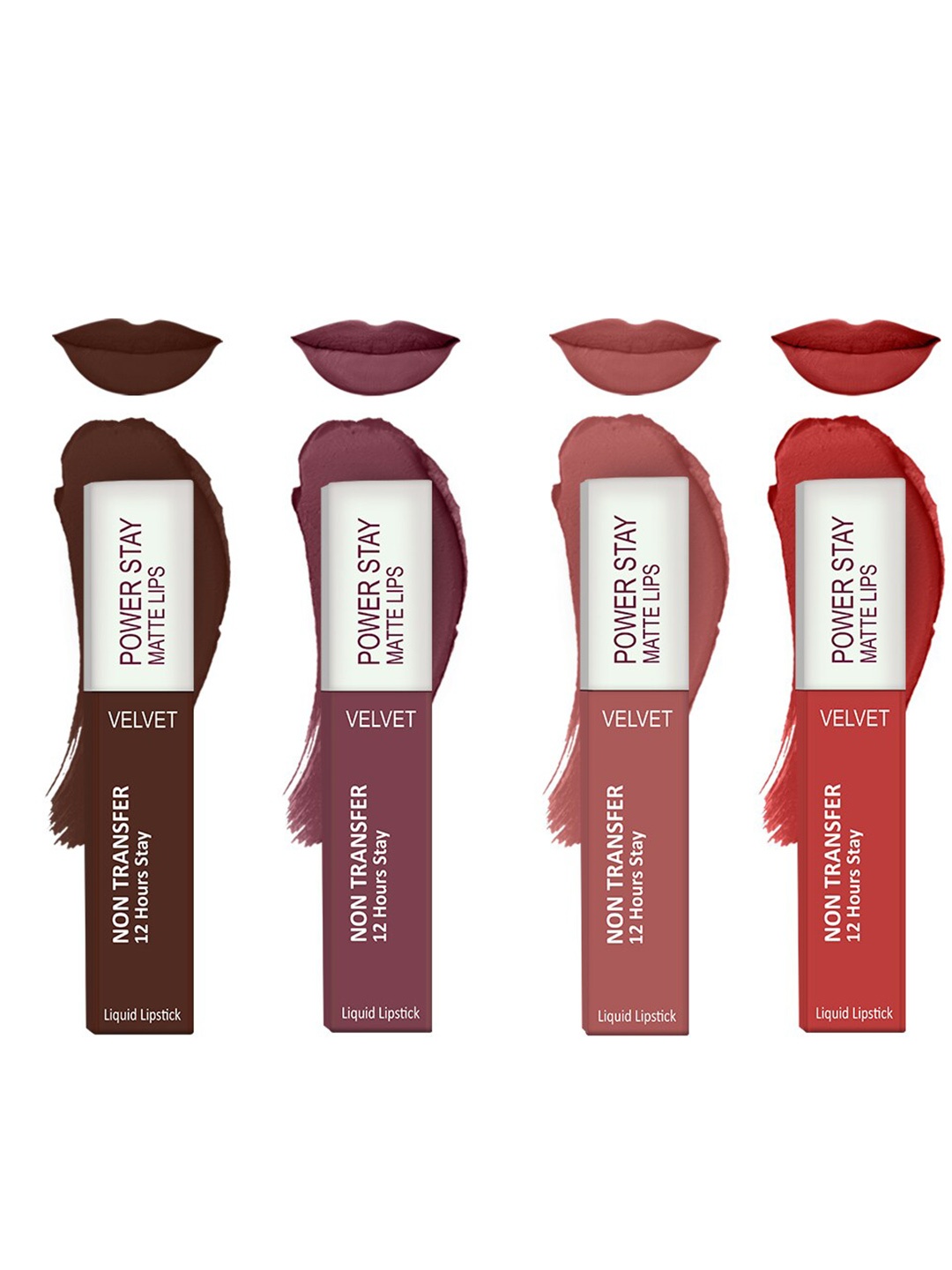 

Forsure Set of 4 Power Stay Matte Lips Non-Transfer 12 Hours Stay Velvet Matte Liquid Lipstick - Deep Brown 16 - Mauve Matte 23 - Peach Nude 21 - Bright Red 01, Multi