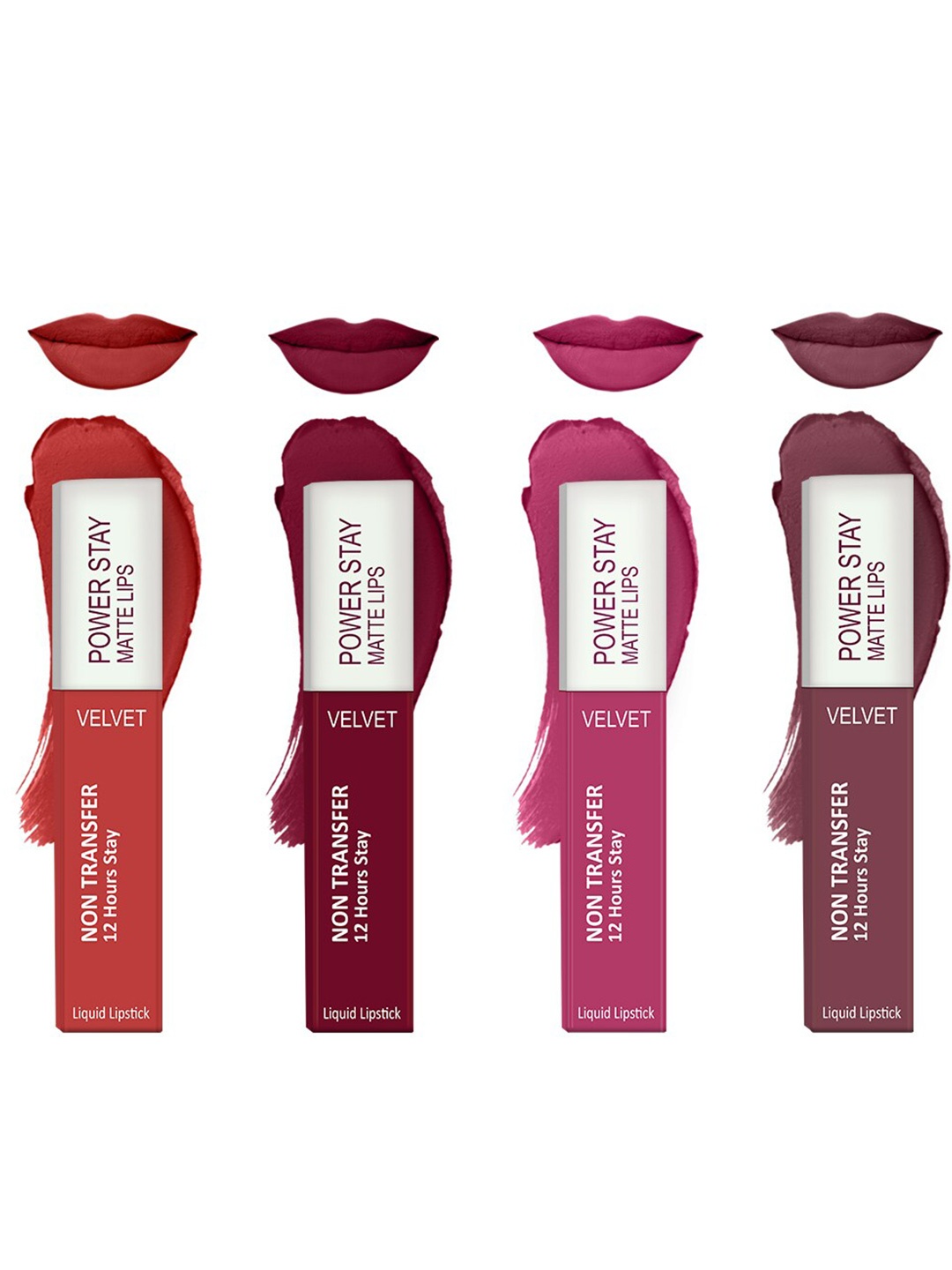 

Forsure Set of 4 Power Stay Matte Lips Non-Transfer 12 Hours Stay Velvet Matte Liquid Lipstick - Bright Red 01- Cherry Maroon 09 - Pink Blush 10 - Mauve Matte 23, Multi