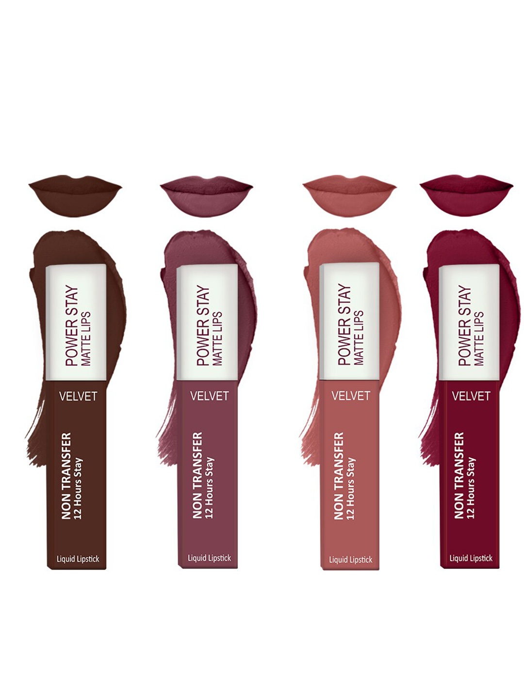 

Forsure Set of 4 Power Stay Matte Lips Non-Transfer 12 Hours Stay Velvet Matte Liquid Lipstick - Deep Brown 16 - Mauve Matte 23 - Peach Nude 21 - Cherry Maroon 09, Multi