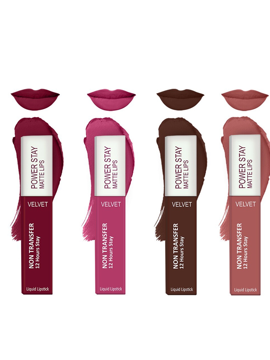 

Forsure Set of 4 Power Stay Matte Lips Non-Transfer 12 Hours Stay Velvet Matte Liquid Lipstick - Cherry Maroon 09 - Pink Blush 10 - Deep Brown 16 - Peach Nude 21, Multi