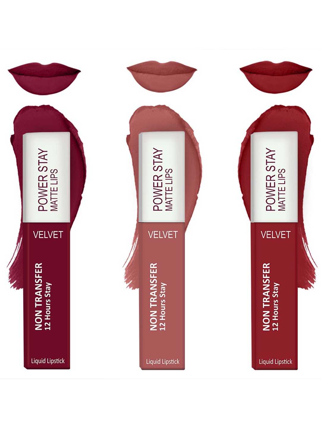 

Forsure Set of 3 Power Stay Matte Lips Non-Transfer 12 Hours Stay Velvet Matte Liquid Lipstick - Cherry Maroon 09 - Peach Nude 21 - Deep Red 22, Burgundy