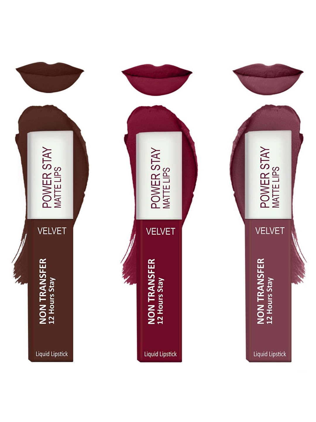 

Forsure Set of 3 Power Stay Matte Lips Non-Transfer 12 Hours Stay Velvet Matte Liquid Lipstick - Deep Brown 16 - Cherry Maroon 09 - Mauve Matte 23