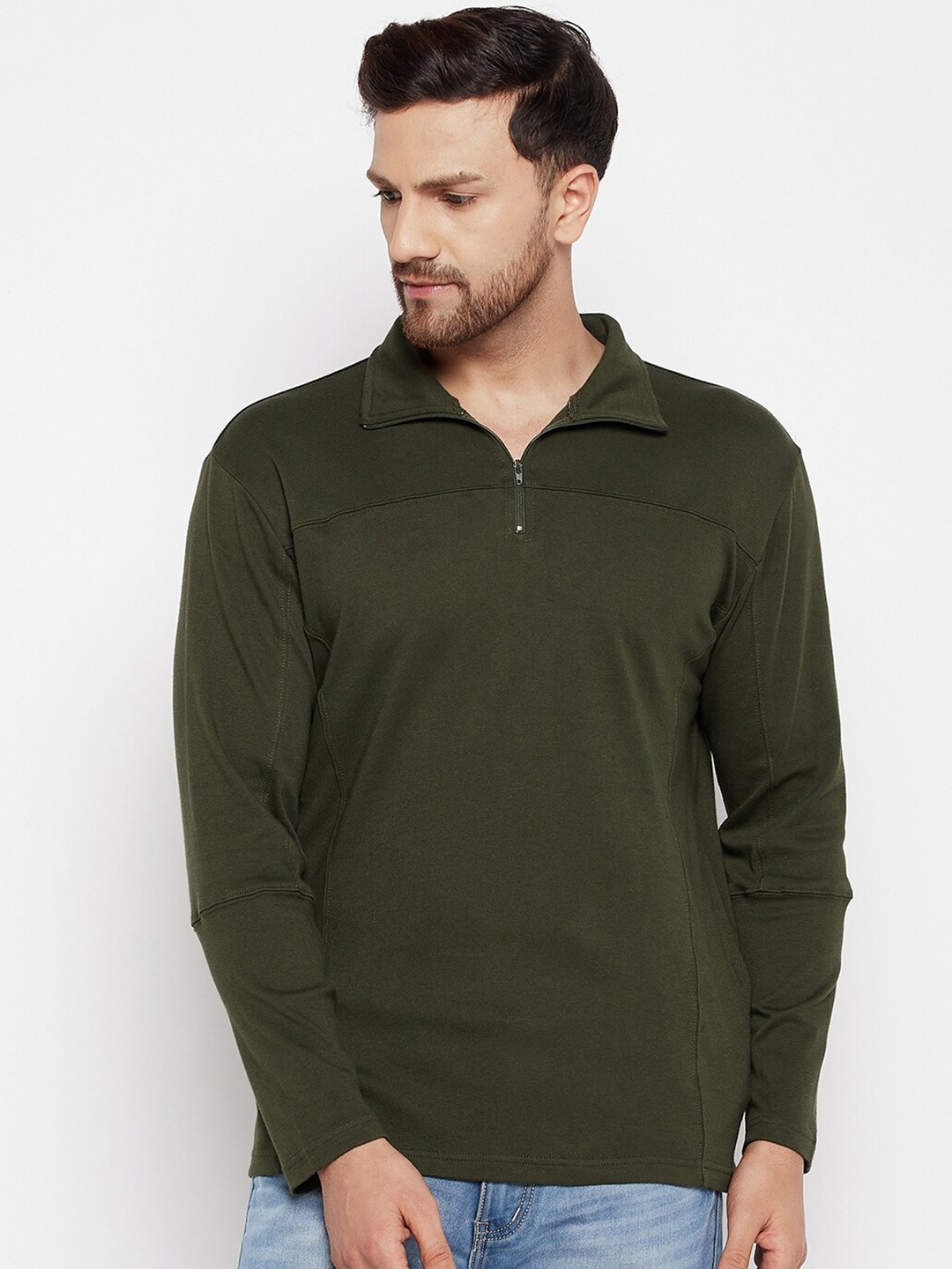 

Hypernation Men Olive Green High Neck Slim Fit Cotton T-shirt
