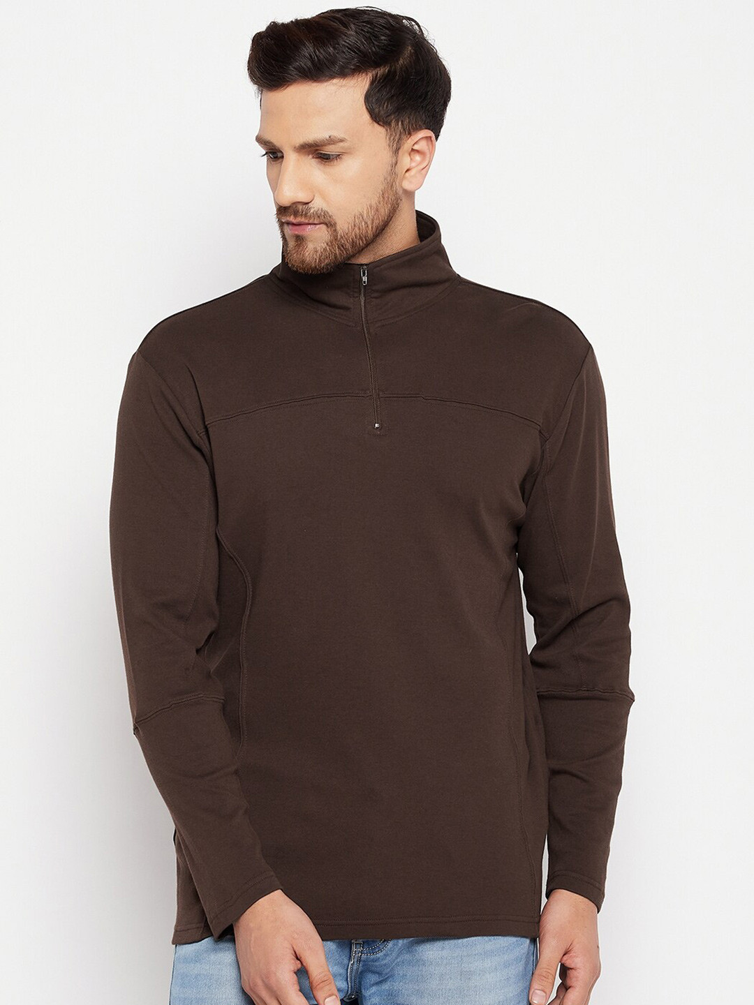 

Hypernation Men Brown High Neck Slim Fit Cotton T-shirt