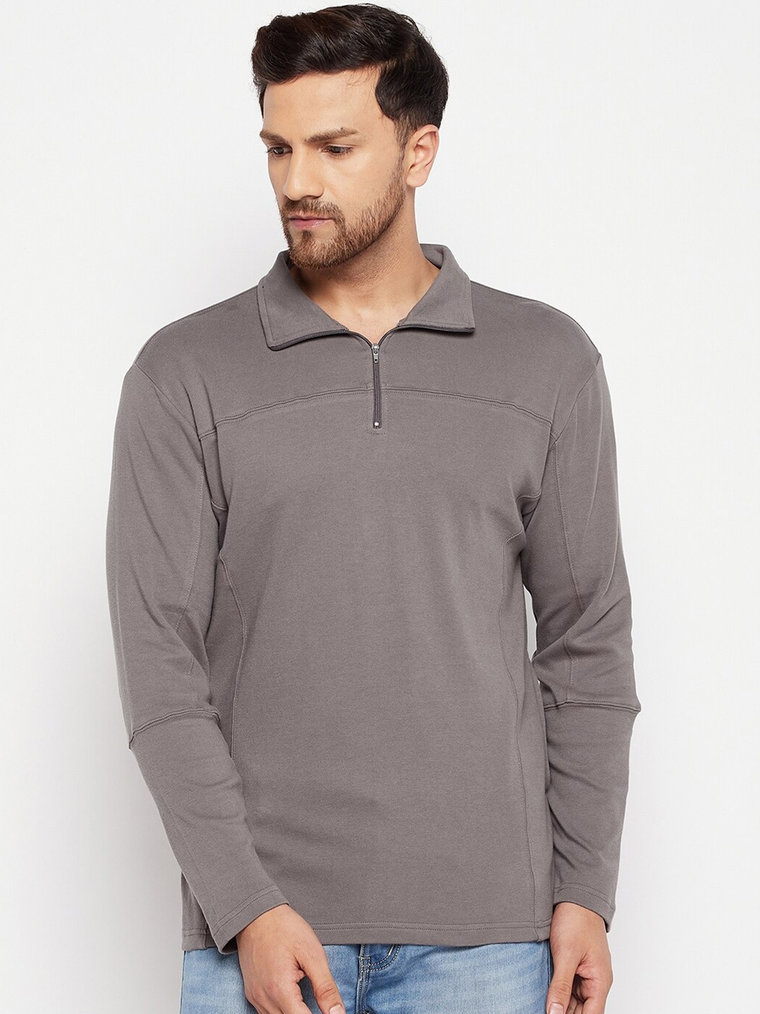 

Hypernation Men Grey Polo Collar Slim Fit Cotton T-shirt