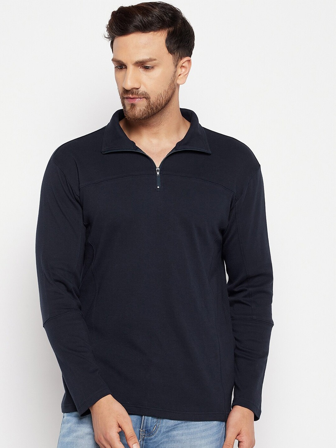 

Hypernation Men Navy Blue Polo Collar Slim Fit Cotton T-shirt
