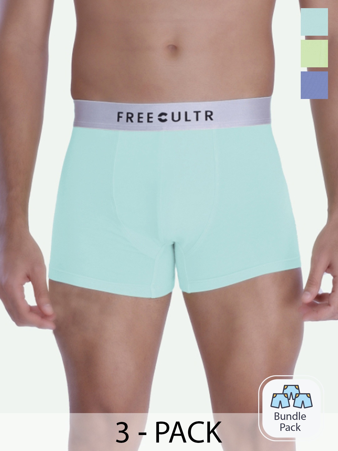 

FREECULTR Men Pack Of 3 Solid Deo-Soft Anti Bacterial Trunks, Blue