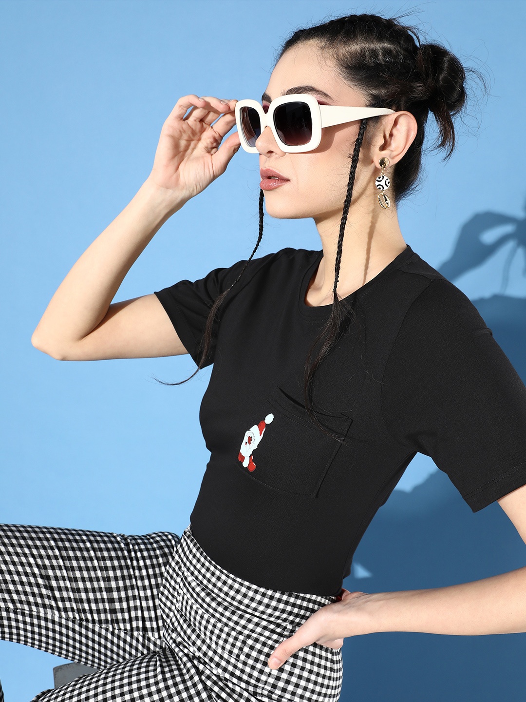 

Mast & Harbour Women Pure Cotton T-shirt With Printed Pocket Details, Black