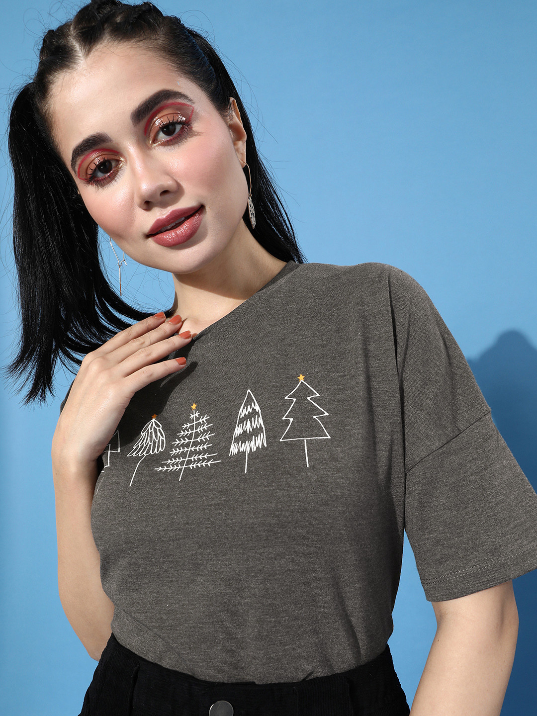 

Mast & Harbour Women Charcoal Grey Printed Drop-Shoulder Sleeves T-shirt