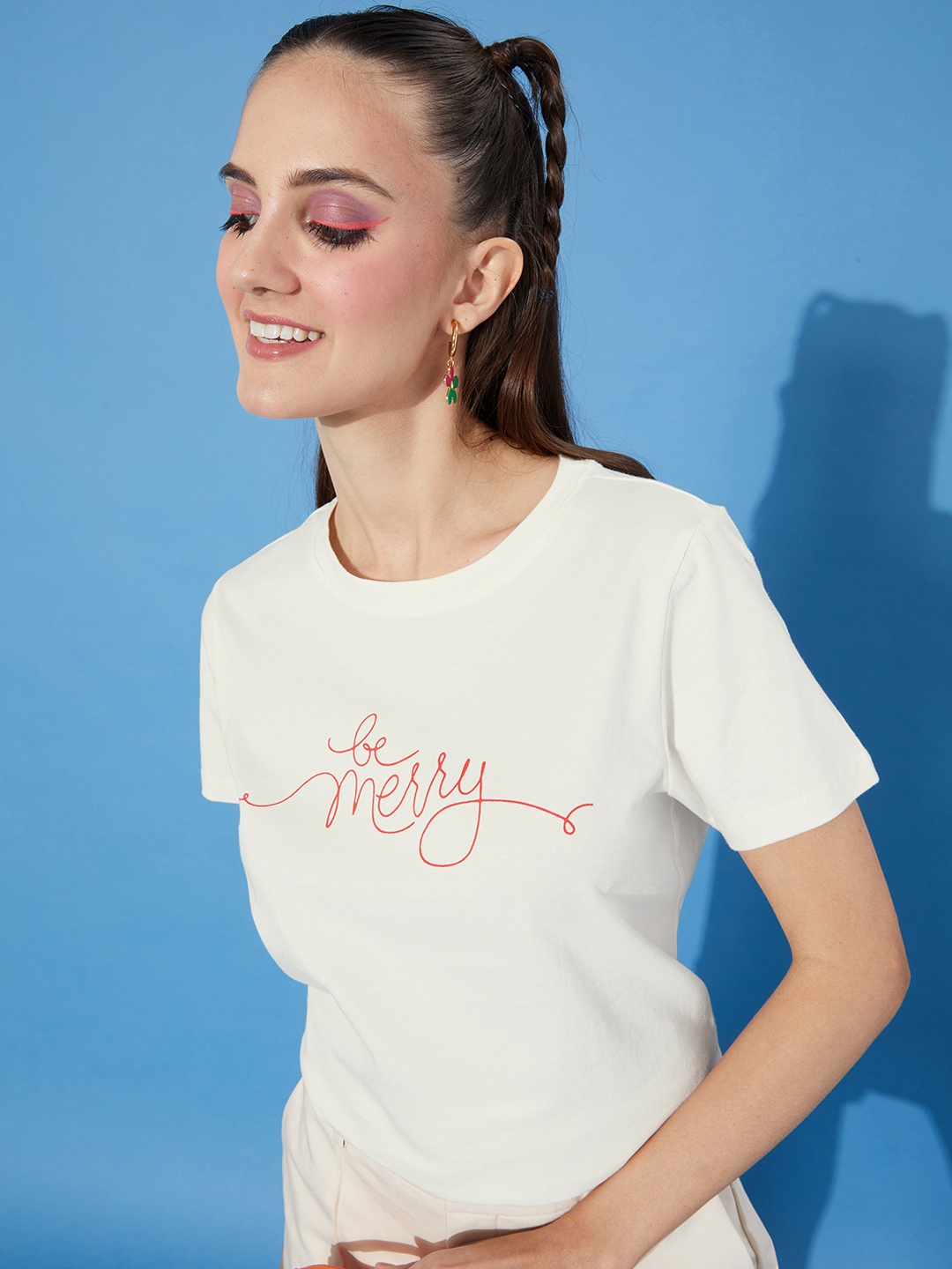 

Mast & Harbour Women White Typography Printed Pure Cotton T-shirt
