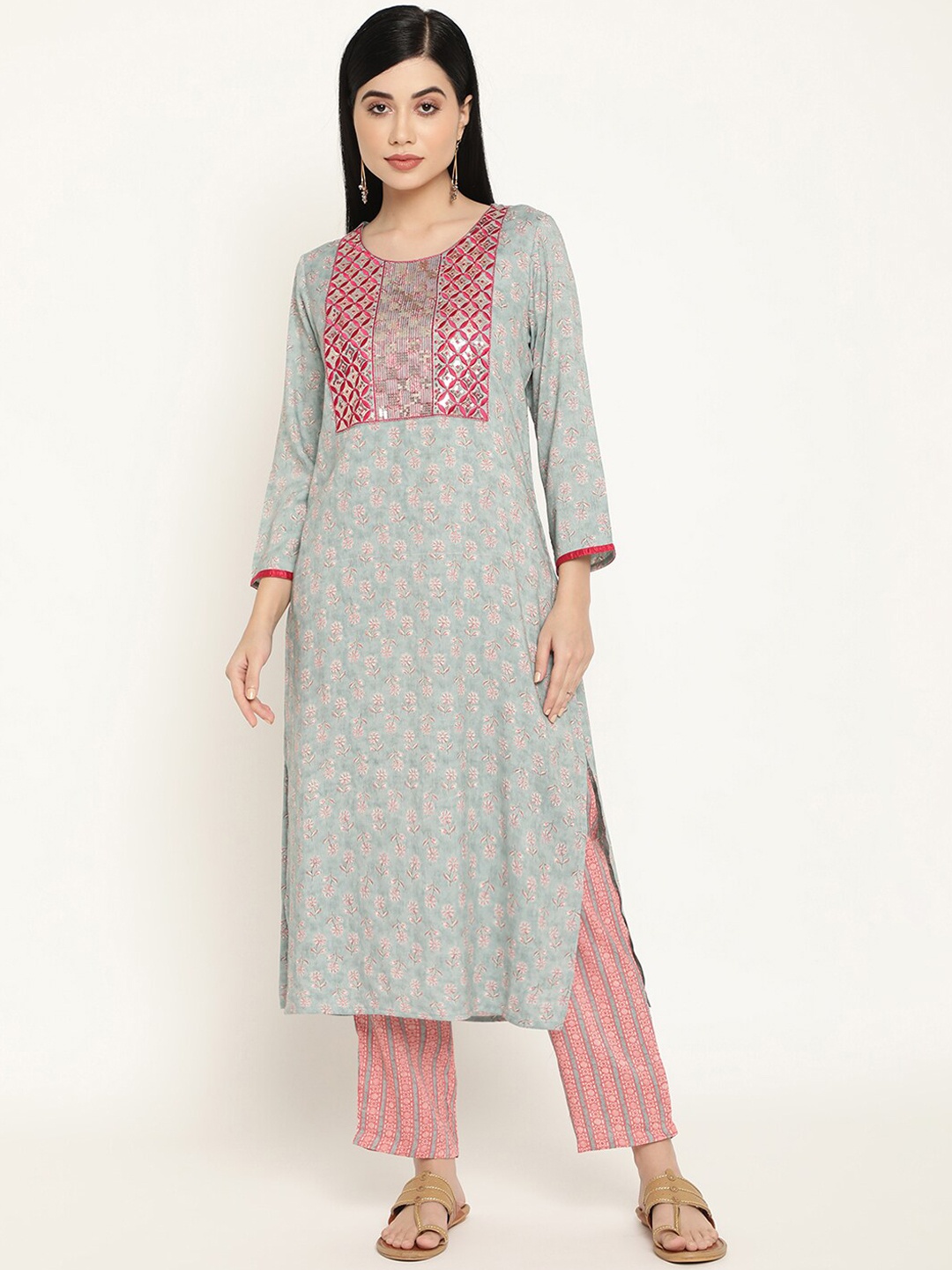 

Be Indi Women Floral Embroidered Straight Kurta with Trousers Set, Sea green