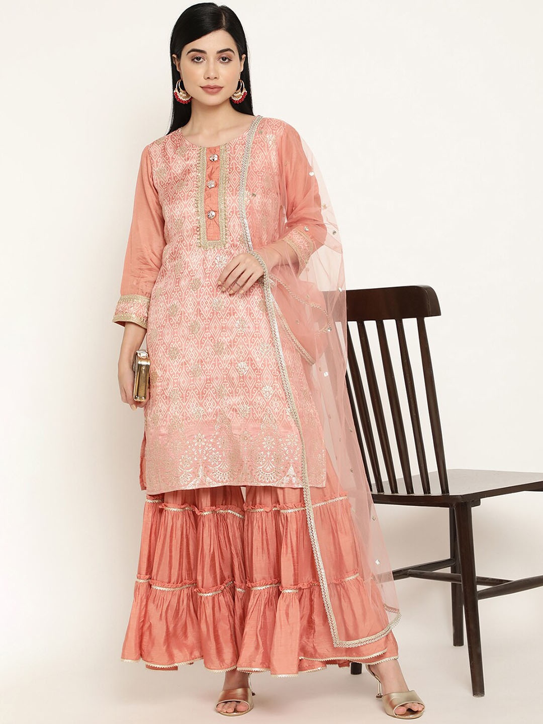 

Be Indi Women Ethnic Motifs Printed Straight Kurta with Sharara & Dupatta, Peach