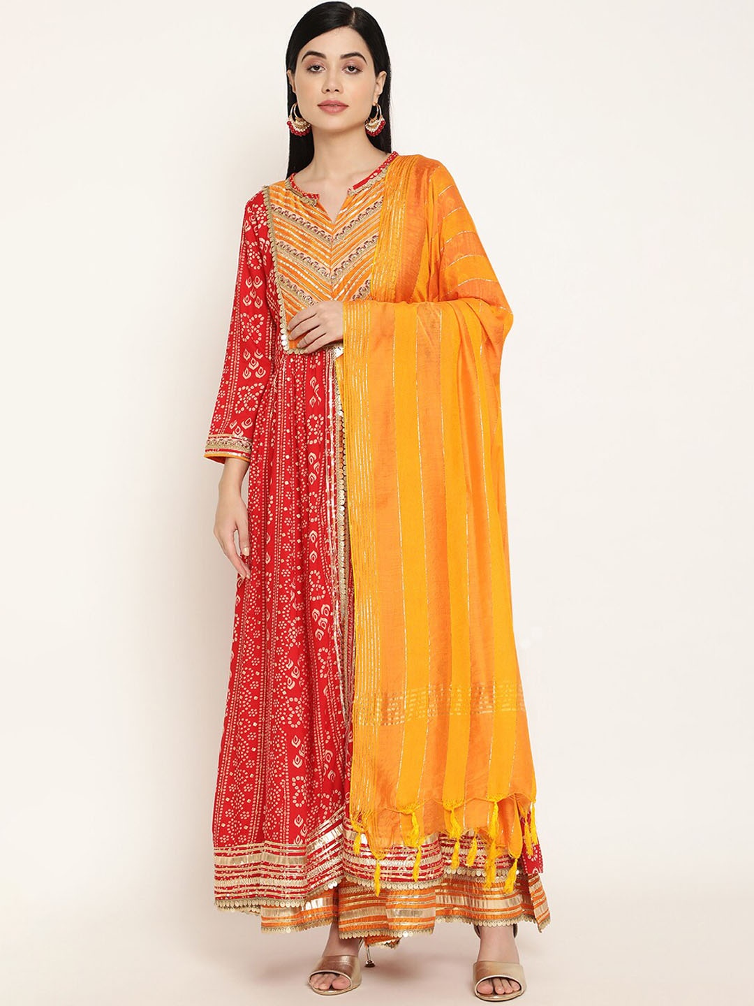 

Be Indi Women Bandhani Yoke Design A-Line Kurta with Palazzo & Dupatta, Red