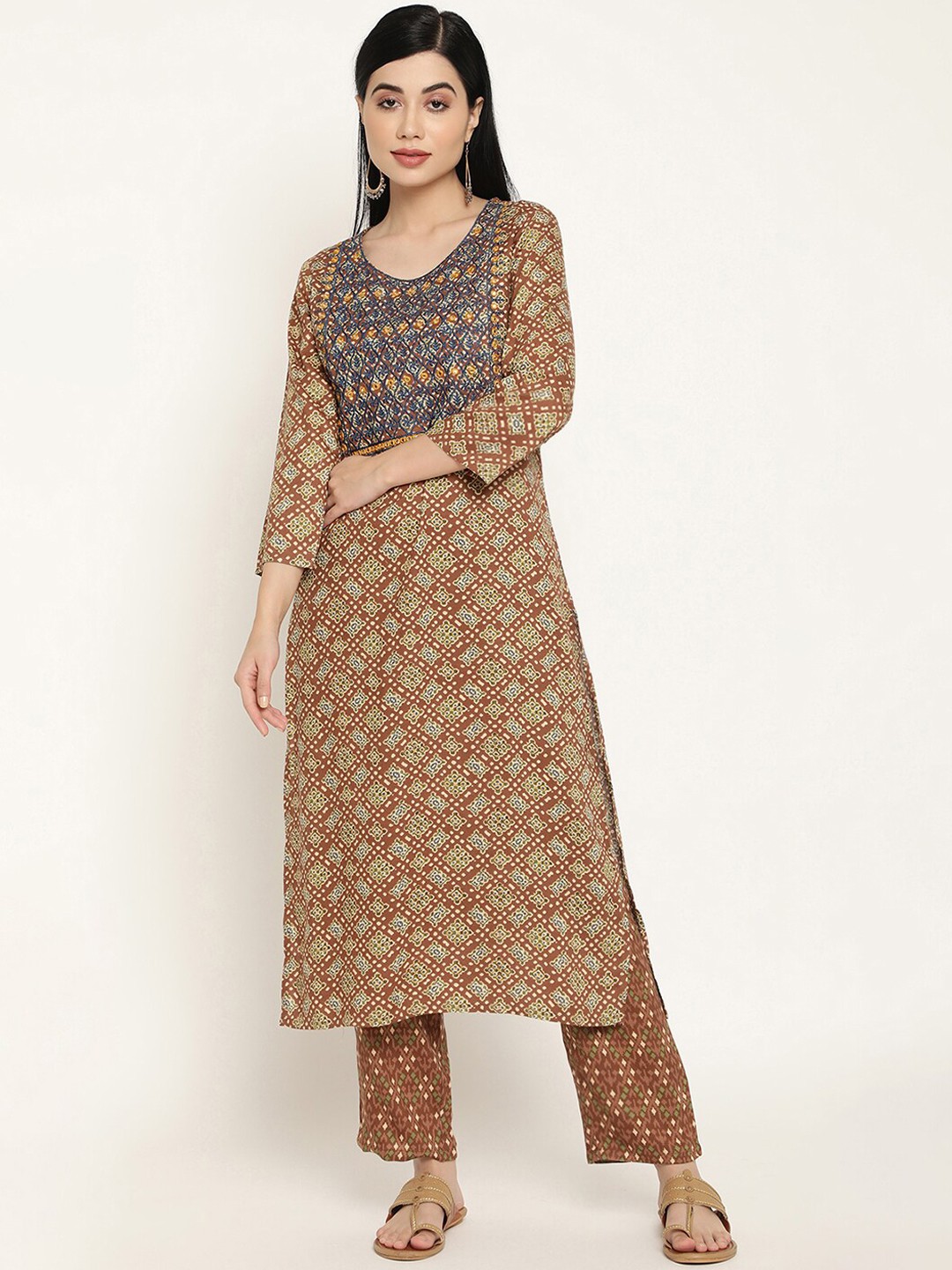

Be Indi Women Floral Embroidered Straight Kurta with Trousers, Brown