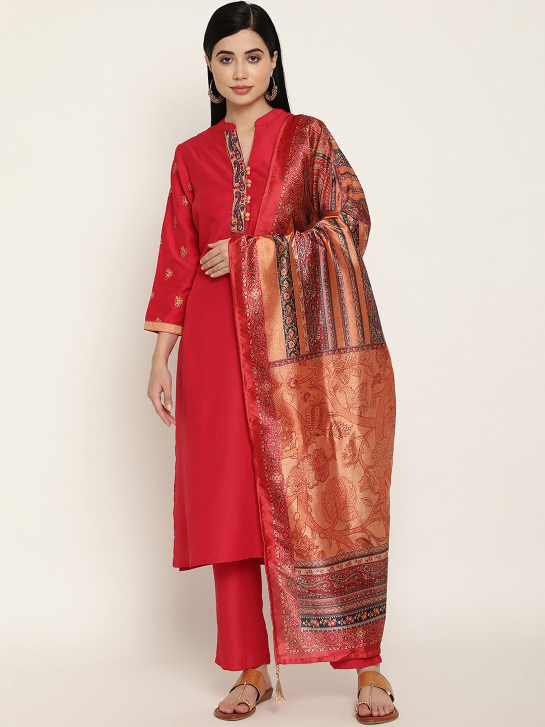 

Be Indi Women Straight Kurta Set with Trouser & Dupatta, Red