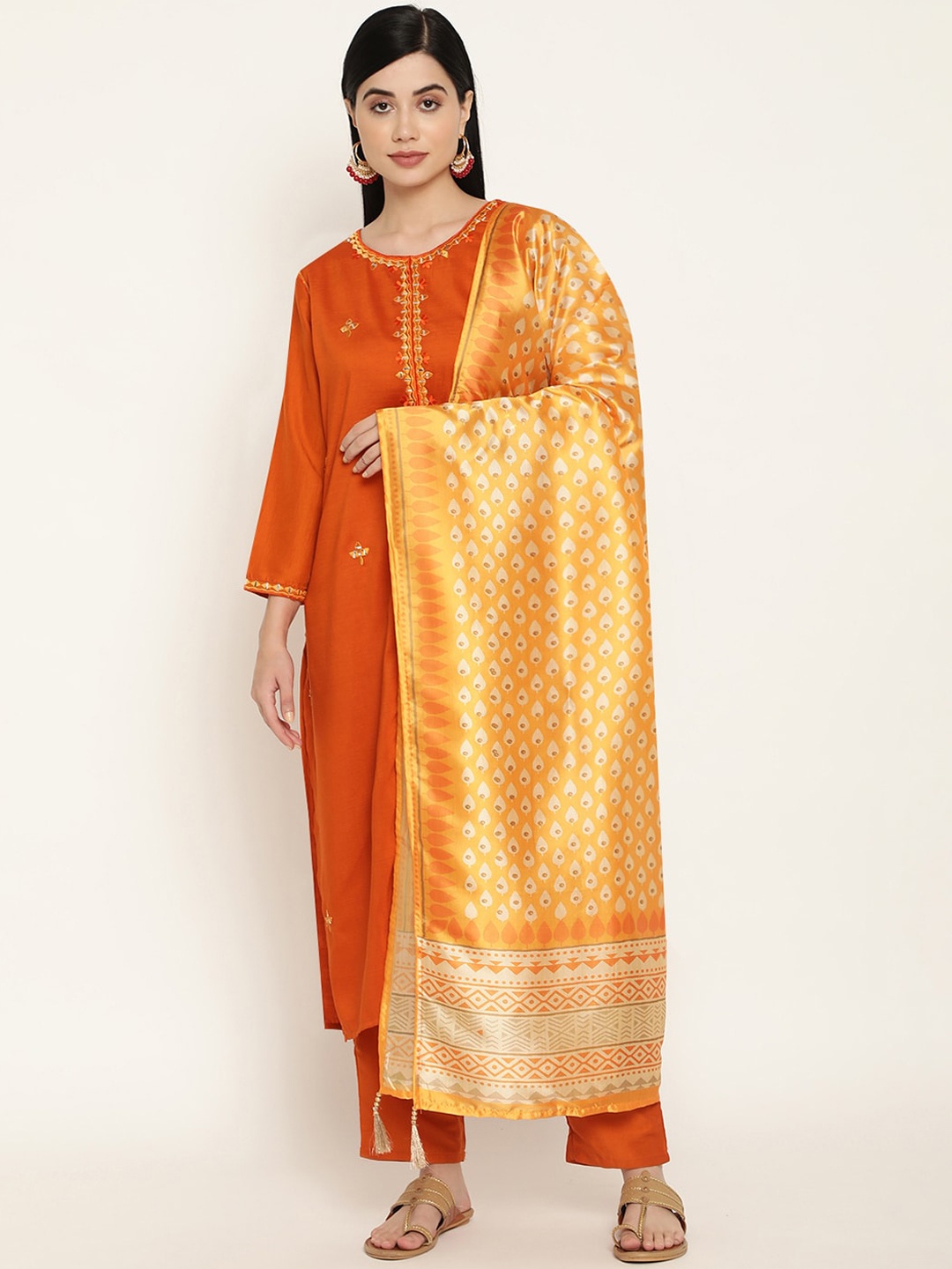

Be Indi Women Floral Embroidered Straight Kurta with Trouser & Dupatta Set, Orange