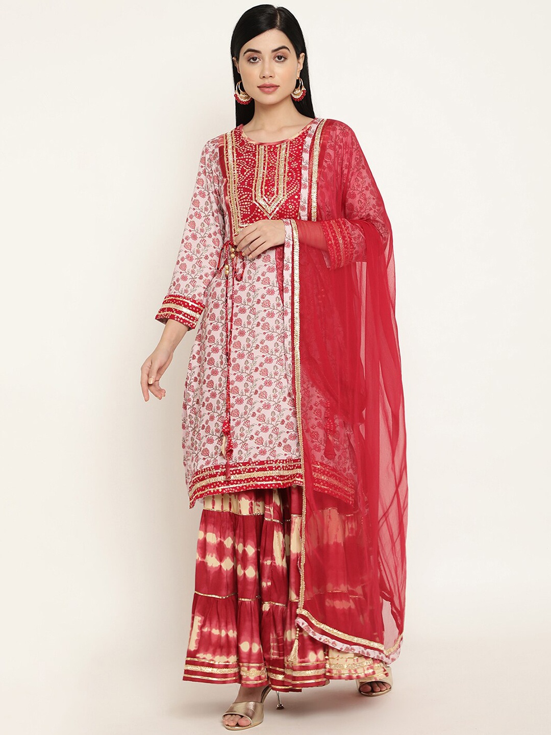 

Be Indi Women Floral Printed Straight Kurta with Sharara & Dupatta Set, Pink