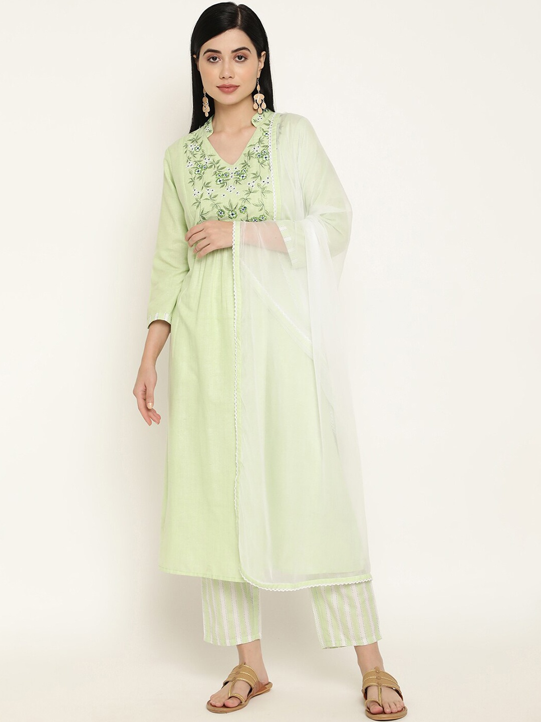 

Be Indi Women Floral Embroidered A-Line Kurta with Trousers & Dupatta, Green