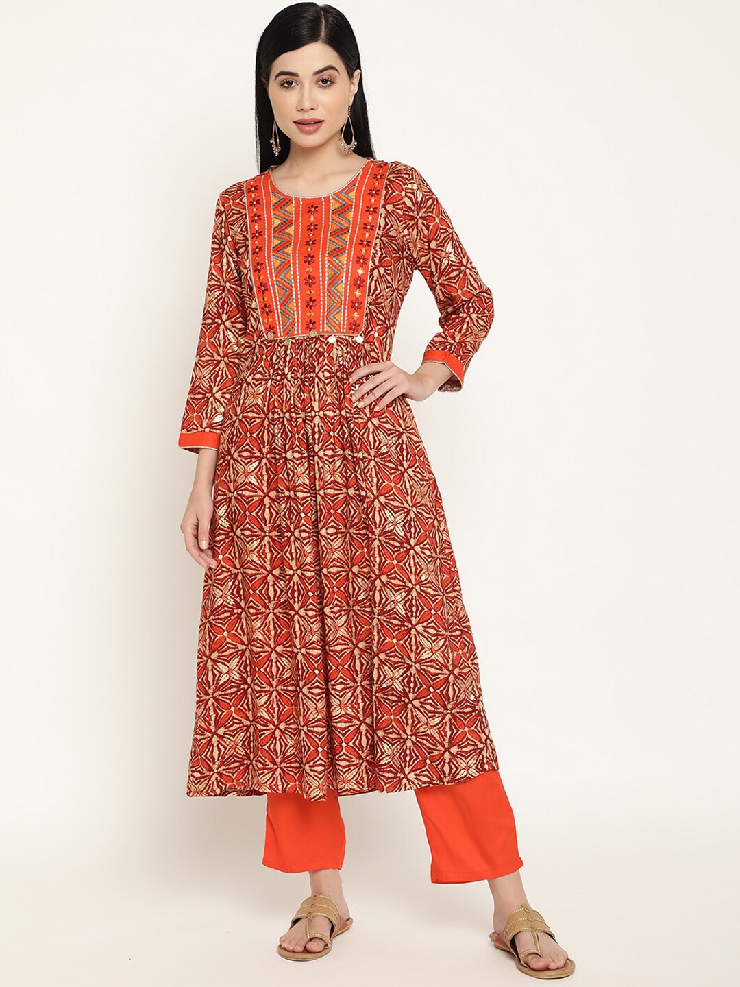 

Be Indi Women Floral Printed A-Line Kurta with Trousers Set, Orange