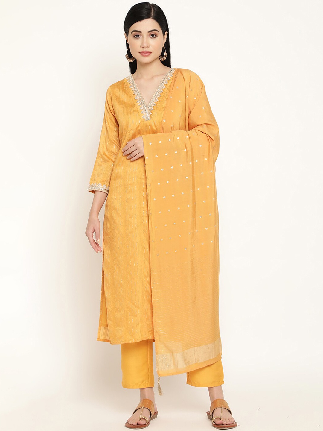 

Be Indi Women Woven Self Design Kurta with Trousers & Dupatta, Mustard